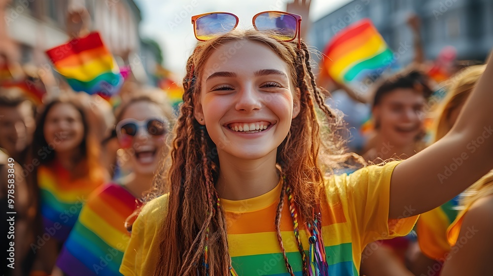 LGBTQ pride event, participants of all ages wearing rainbow-colored community shirts, waving flags, celebrating love and acceptance, urban background LGBTQ pride event, participants of all ages wearing rainbow-colored community shirts, waving flags, celebrating love and acceptance, urban background