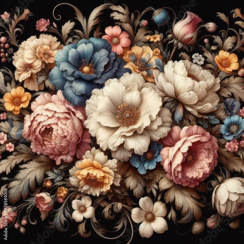 Vintage bouquet of beautiful flowers on black. Floral background. Baroque old fashiones style. Natural pattern wallpaper or greeting card
 photo