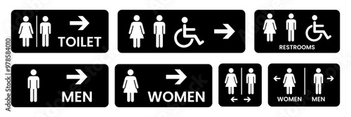 Toilet icons set. Men and women restroom icon sign right arrow. Disabled wheelchair icon. Vector Illustration