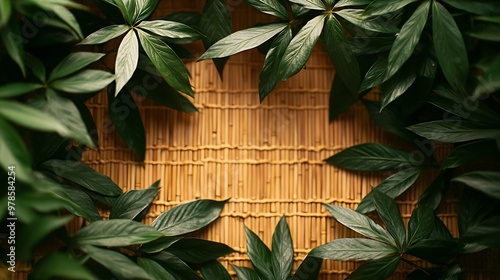 Green Leaves Border on Bamboo Mat Nature Background : Generative AI