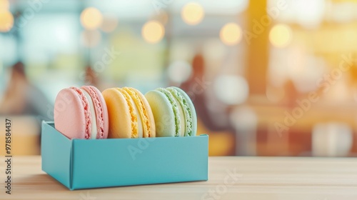 Colorful Macarons in Blue Box on Rustic Table, CafÃ© Scene