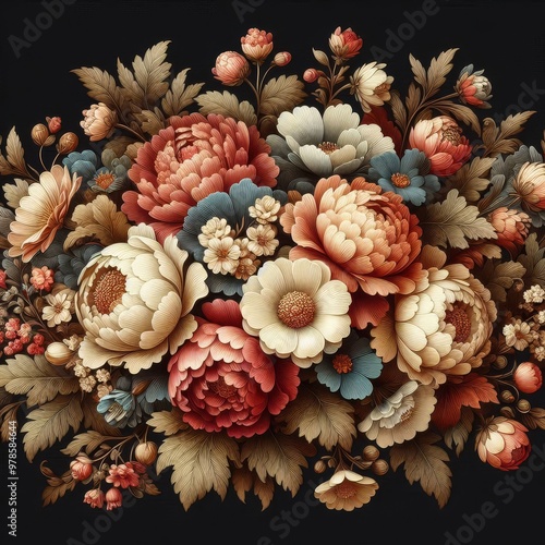 Vintage bouquet of beautiful flowers on black. Floral background. Baroque old fashiones style. Natural pattern wallpaper or greeting card
 photo