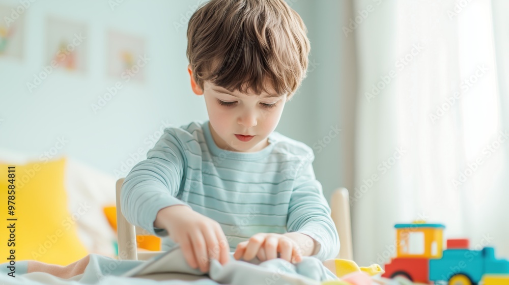 Boy Building Cozy Blanket Fort in Sunlit Room Boy Building Cozy Blanket Fort in Sunlit Room