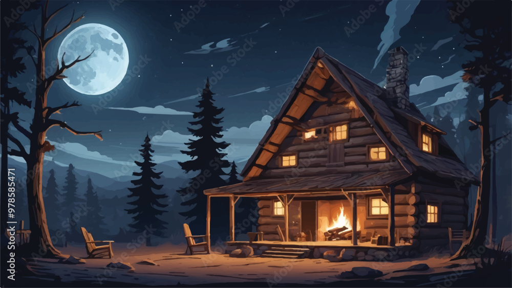 Fototapeta premium Cartoon Wooden Hut in Countryside Under Starry Night Sky Background Illustration