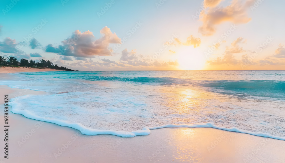 Fototapeta premium Crystal-clear turquoise waters with gentle waves lapping at a pristine beach under a golden sunset