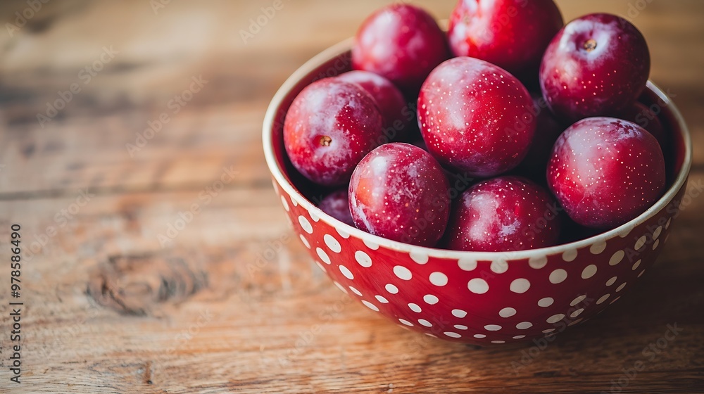 Ripe Fresh Plums in a Bowl on Wooden Table : Generative AI Ripe Fresh Plums in a Bowl on Wooden Table : Generative AI
