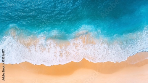 Sunny gold sandy beach, panorama. Panoramic view tranquil sandy beach. Peaceful sea waves shore. Ocean coast view. Aerial photography beachfront. generative ai