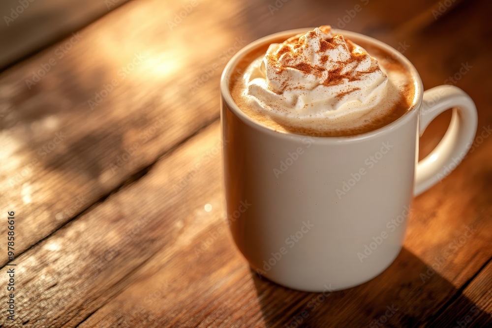 A warm cup of coffee topped with whipped cream and cinnamon, resting on a wooden surface. A warm cup of coffee topped with whipped cream and cinnamon, resting on a wooden surface.