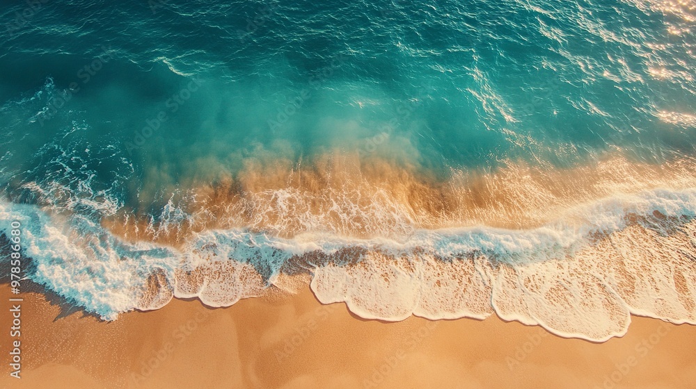 Sunny gold sandy beach, panorama. Panoramic view tranquil sandy beach. Peaceful sea waves shore. Ocean coast view. Aerial photography beachfront. generative ai Sunny gold sandy beach, panorama. Panoramic view tranquil sandy beach. Peaceful sea waves shore. Ocean coast view. Aerial photography beachfront. generative ai