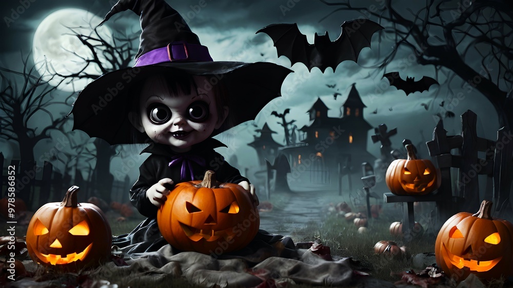 Fototapeta premium Halloween poster with creepy baby on haunting background. Spooky holiday banner