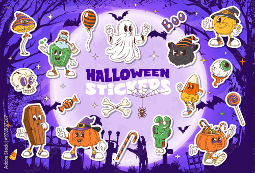 Cartoon groovy Halloween characters stickers pack. Vector ghost, black cat, pumpkin, witch hat and , candy. Eyeball, coffin, candy corn, spider and bones at spooky background with bats and full moon