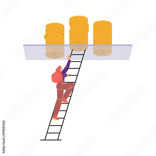Illustration of a woman climbing a ladder to a glass ceiling with coins on it.