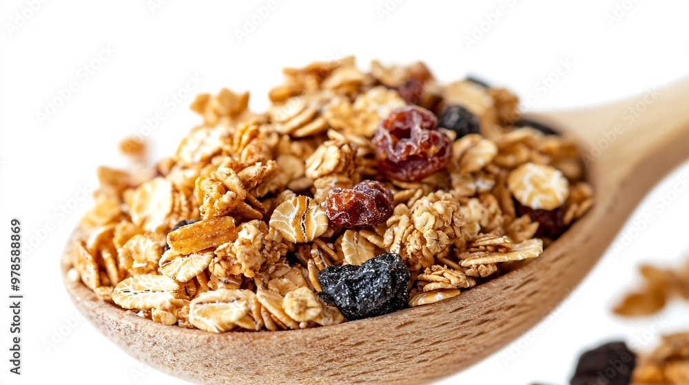 Cereals on a Wooden Spoon isolated on white background : Generative AI Cereals on a Wooden Spoon isolated on white background : Generative AI