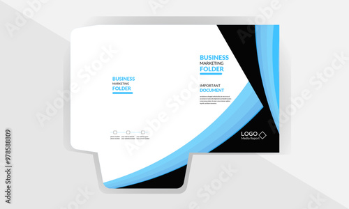 Business presentation folder template for corporate office with white, blue and black color. Creative presentation folder template