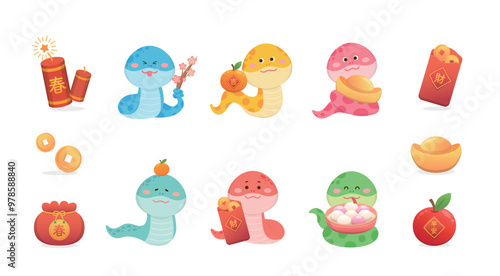 Vector illustration of snake character or cartoon character with Chinese New Year or Lantern Festival, glutinous rice balls and gold coins, translation: spring