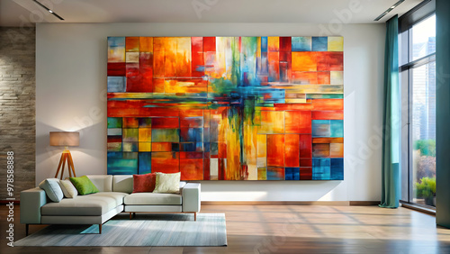 a modern abstract painting, displayed in a gallery or art space.