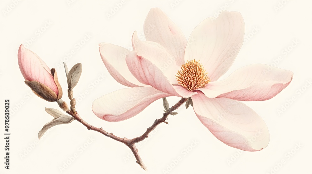 Obraz premium Stunning botanical illustration of a magnolia flower, focusing on the fine details in the petals and stems, hyper-real, sharp images, high quality