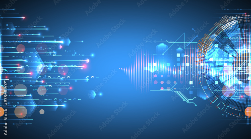 Data analysis. Scientific and technological background. A bisected techno circle from which lines and numbers emerge. Hand made vector. Data analysis. Scientific and technological background. A bisected techno circle from which lines and numbers emerge. Hand made vector.