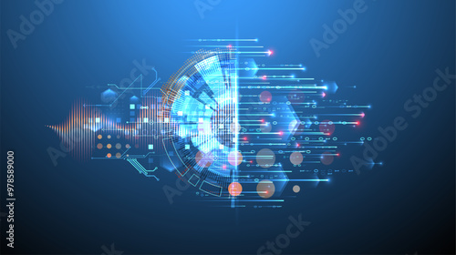 Data analysis. Scientific and technological background. A bisected techno circle from which lines and numbers emerge. Hand made vector.