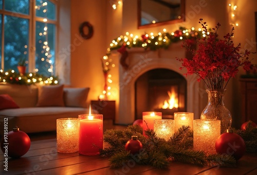 Vibrant living room decorated for Christmas, adorned with colorful ornaments, frosted glass vases, bathed in warm golden lighting