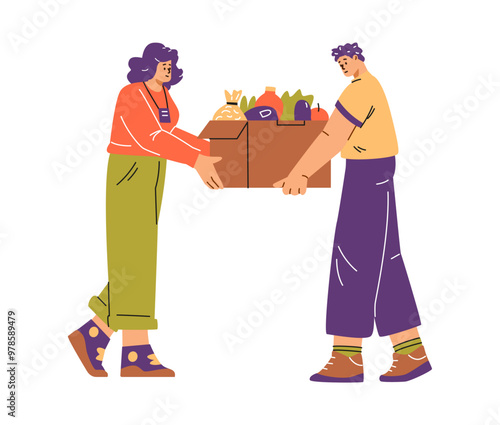 Foodsharing. Illustration of a female volunteer delivering a box of groceries to a young teenager.