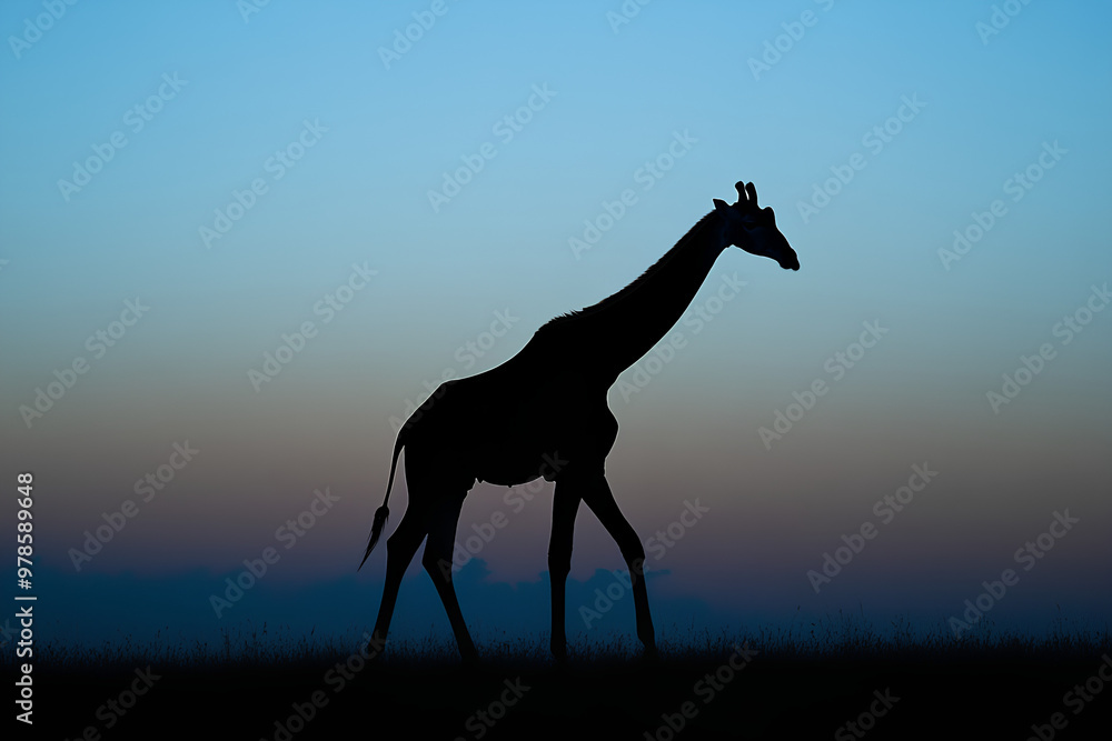 A silhouetted giraffe against a gradient twilight sky. A silhouetted giraffe against a gradient twilight sky.