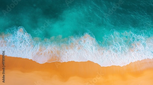 Sunny gold sandy beach, panorama. Panoramic view tranquil sandy beach. Peaceful sea waves shore. Ocean coast view. Aerial photography beachfront. generative ai