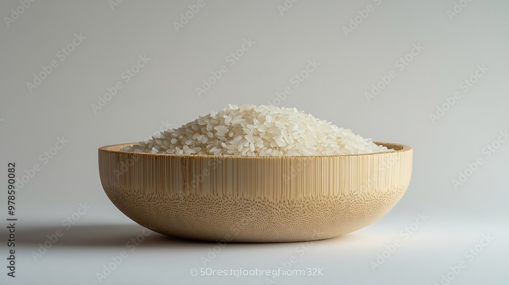 White Dry Uncooked Rice in a Bamboo Serving Bowl isolated on a white background : Generative AI