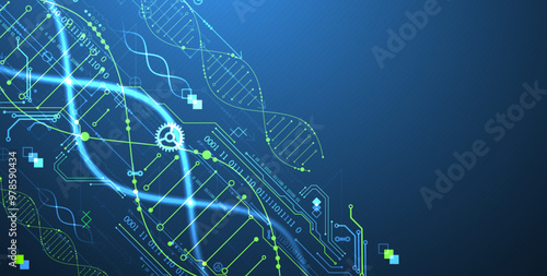 Scientific and technological background. Image of dna molecule with technological elements. Hand drawn vector.