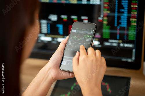 Hands of a woman using smartphone buy cryptocurrency, blockchain investment, decentralize and Stock market concept