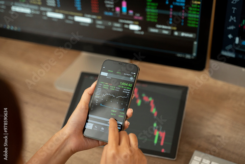 Hands of a woman using smartphone buy cryptocurrency, blockchain investment, decentralize and Stock market concept