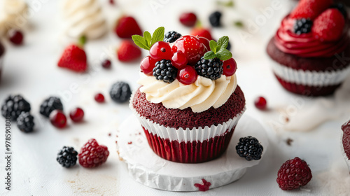 Red velvet Cupcake with topping of berry berries white fresh background