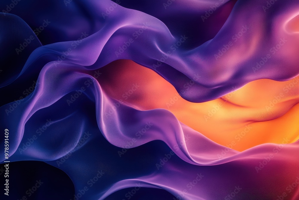 Fototapeta premium Abstract waves of purple and orange fabric create a dynamic, fluid visual effect.