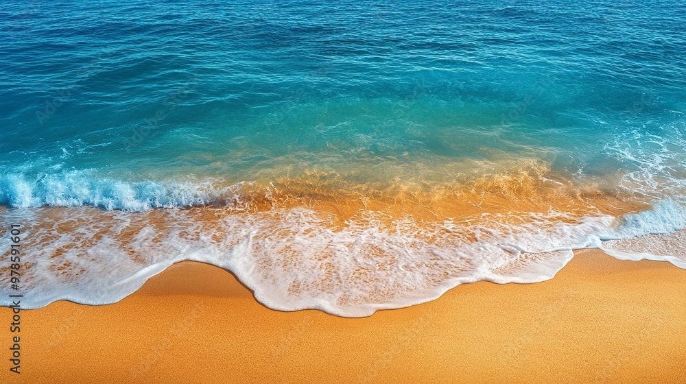Sunny gold sandy beach, panorama. Panoramic view tranquil sandy beach. Peaceful sea waves shore. Ocean coast view. Aerial photography beachfront. generative ai