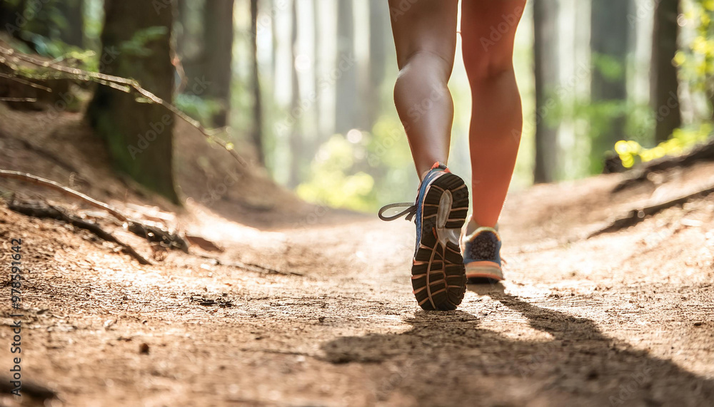 young fitness woman legs walking on forest trail young fitness woman legs walking on forest trail