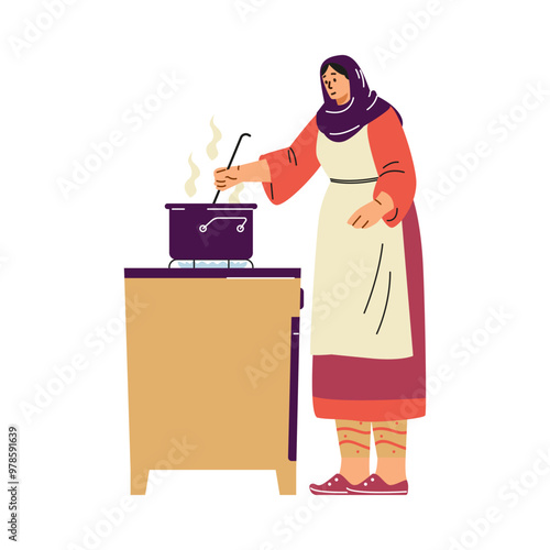 Vector illustration depicts a Muslim woman in a hijab cooking at the stove.