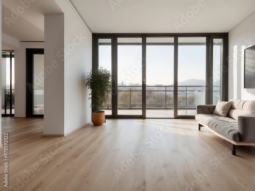 Modern living room with hardwood floors, large windows and a city view