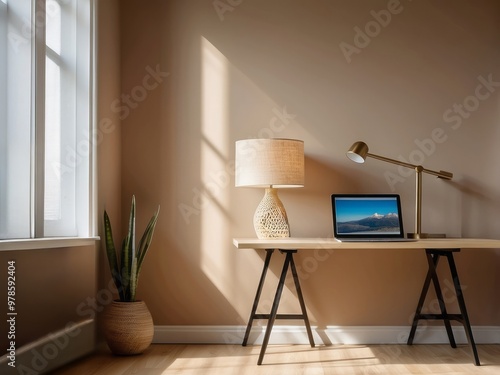 Minimalist Home Office Desk with Natural Light and Decor photo