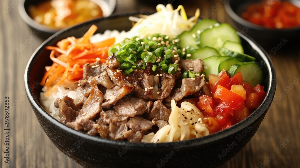 A bowl of donburi with rice, meat, and vegetables. A bowl of donburi with rice, meat, and vegetables.