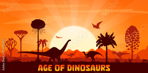 Sunset landscape with prehistoric dinosaurs silhouettes on dusk background with trees, rocks and plants. Vector dino species and flying pterosaur shadows in front of large sun in evening orange sky