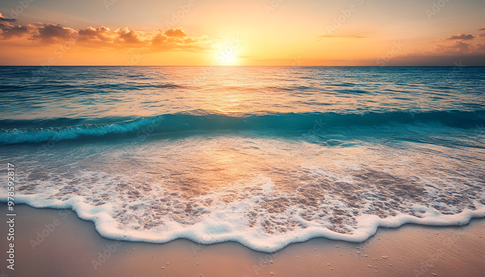 Obraz premium Crystal-clear turquoise waters with gentle waves lapping at a pristine beach under a golden sunset