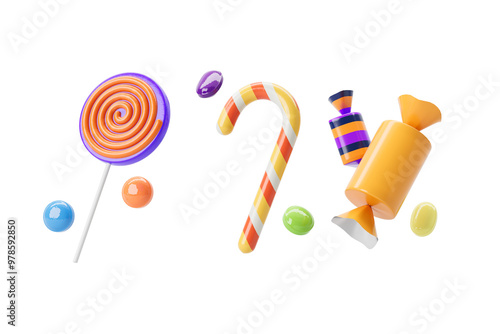 Assorted colorful candies such as lollipop, candy cane, and wrapped sweets. This 3D rendering displays the candies floating on abackground, representing a festive and sweet treat concept photo