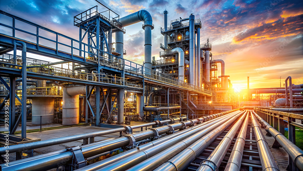 Fototapeta premium industrial plant at sunset - Generative ai 