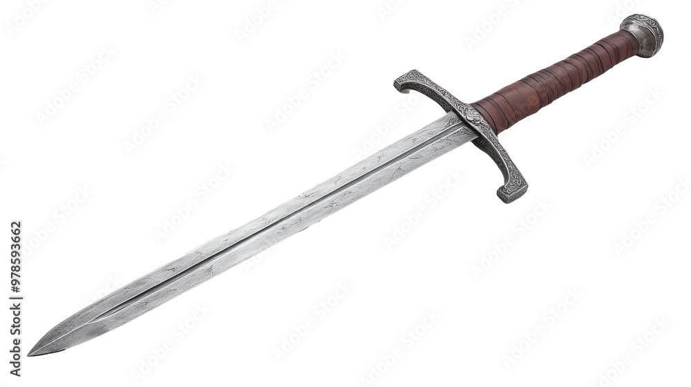 A medieval sword with a leather grip and detailed metalwork. A medieval sword with a leather grip and detailed metalwork.