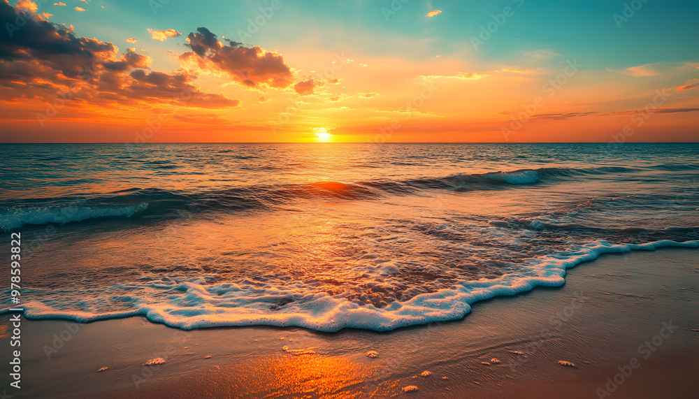 Obraz premium Crystal-clear turquoise waters with gentle waves lapping at a pristine beach under a golden sunset
