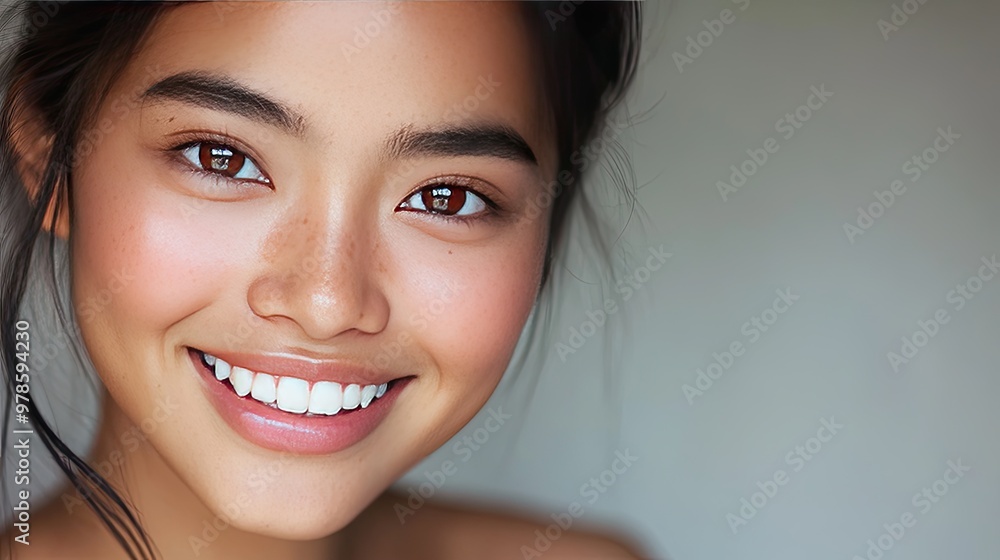 A close-up of an Asian model with a warm and inviting smile, showing off her perfect teeth. A close-up of an Asian model with a warm and inviting smile, showing off her perfect teeth.