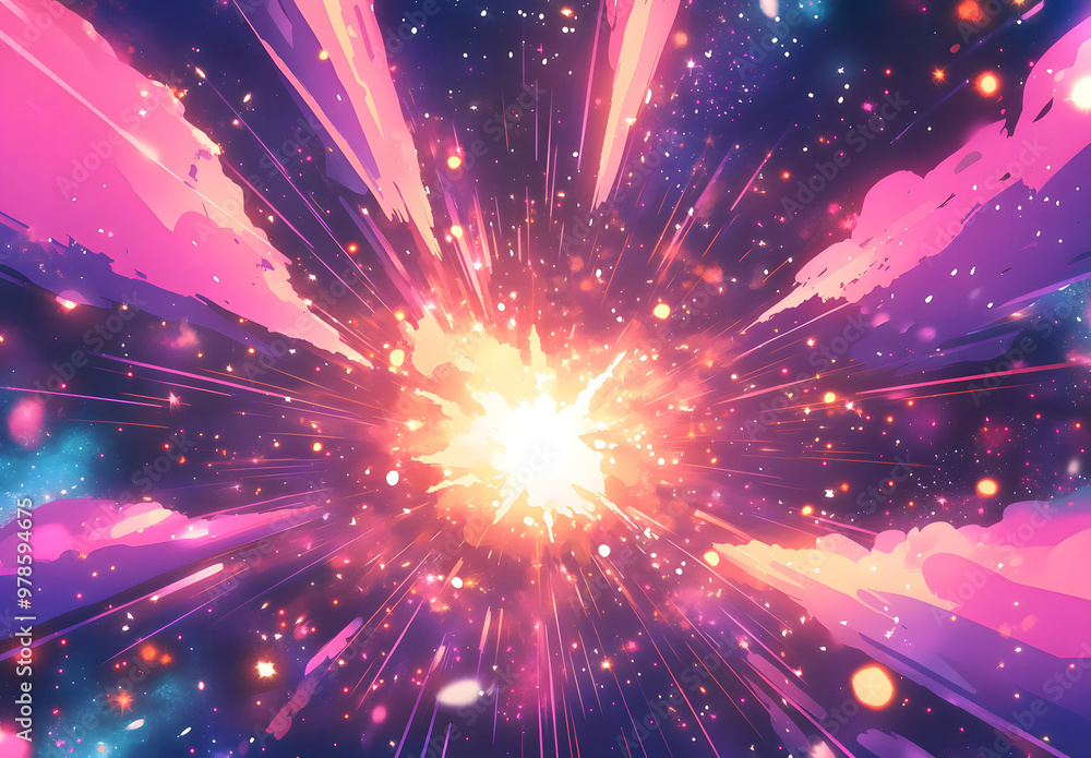 Fototapeta premium Vibrant Cosmic Explosion with Radiant Light Bursts and Colorful Streaks in Outer Space