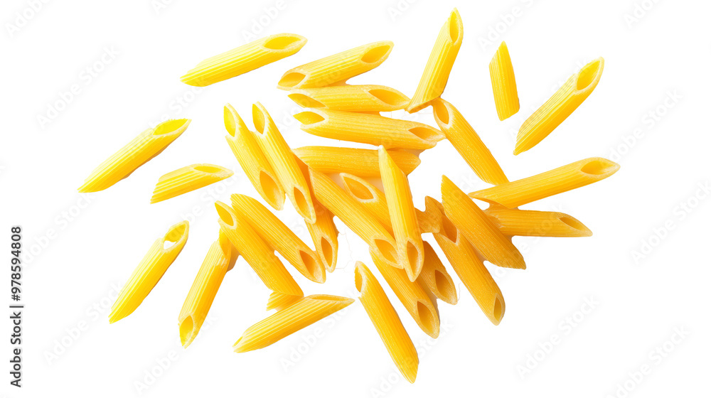 A close-up shot of uncooked penne pasta against a black background. A close-up shot of uncooked penne pasta against a black background.