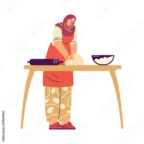 Woman kneading dough vector illustration