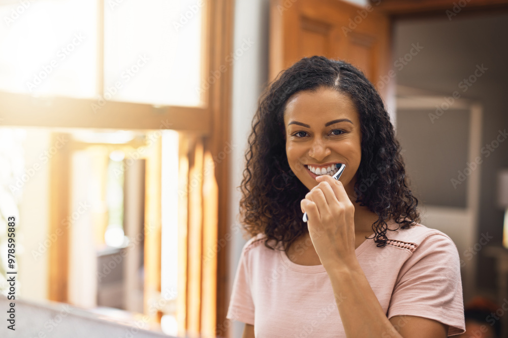 Happy woman, portrait and brushing teeth with mirror for dental care, hygiene or grooming at home. Young, female person and cleaning tooth with toothbrush for gum, mouth or oral routine at house Happy woman, portrait and brushing teeth with mirror for dental care, hygiene or grooming at home. Young, female person and cleaning tooth with toothbrush for gum, mouth or oral routine at house